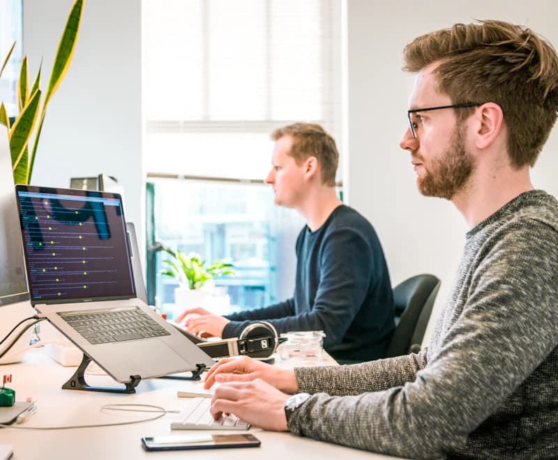 Two colleagues working at their desks in a bright office